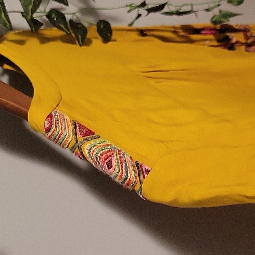 Anthropologie Mustard Yellow Embroidered Border Long-Sleeve Dress - Picture 6 of 11